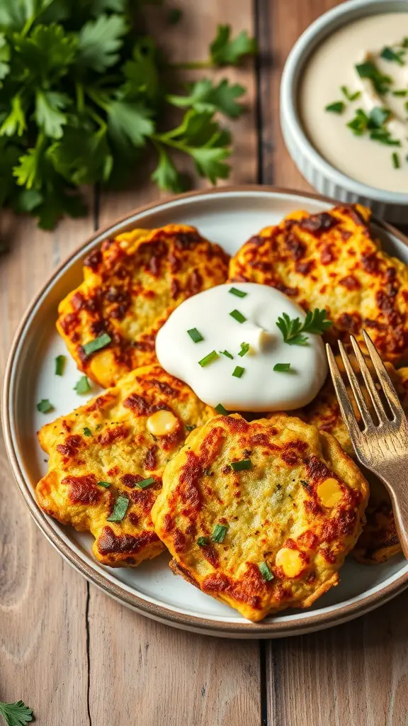 Plate of zucchini and corn fritters topped with yogurt and herbs
