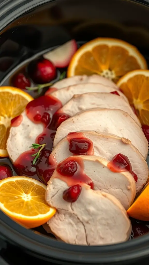 Slices of turkey with cranberry sauce and orange slices in a crockpot