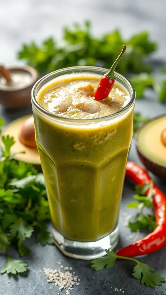A glass of spicy avocado and cilantro smoothie with a red chili on top, surrounded by fresh cilantro and avocado halves.