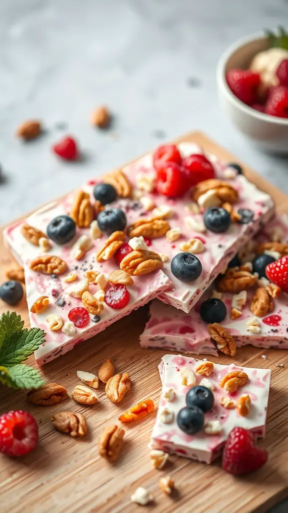 Frozen yogurt bark topped with nuts and berries on a wooden board.