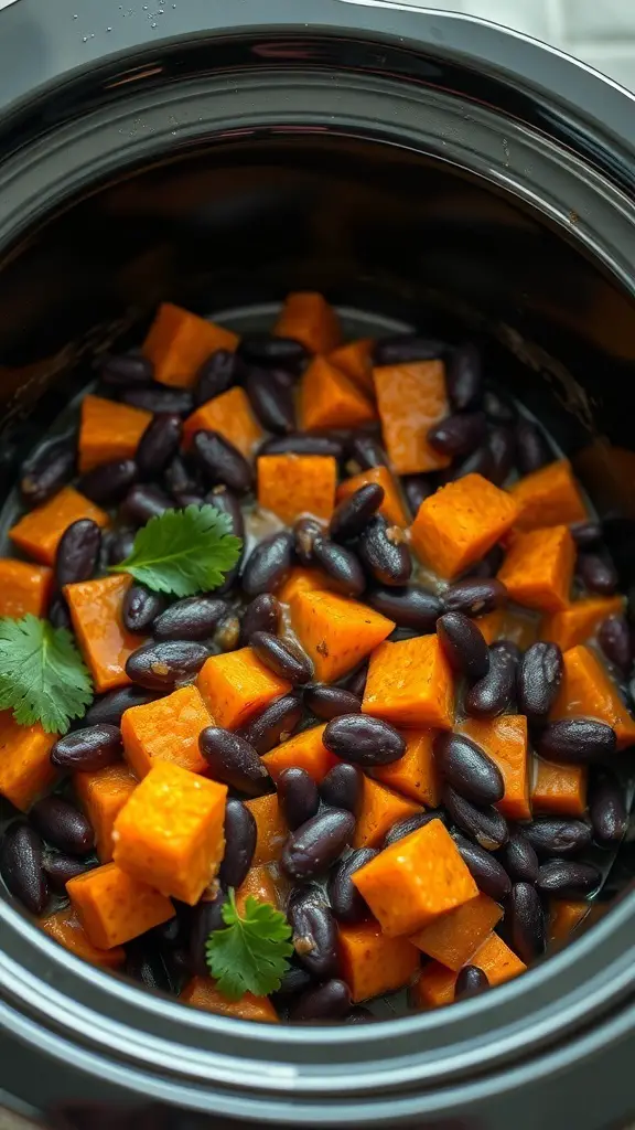Crockpot sweet potato and black bean mixture ready for tacos