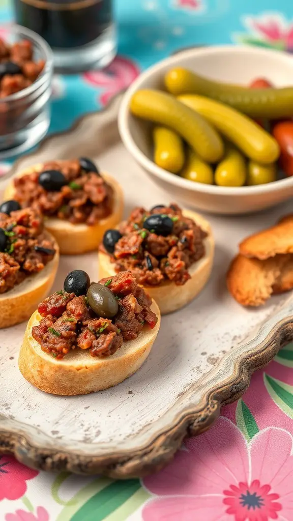 Crostini topped with spicy chorizo and olive tapenade, served with pickles