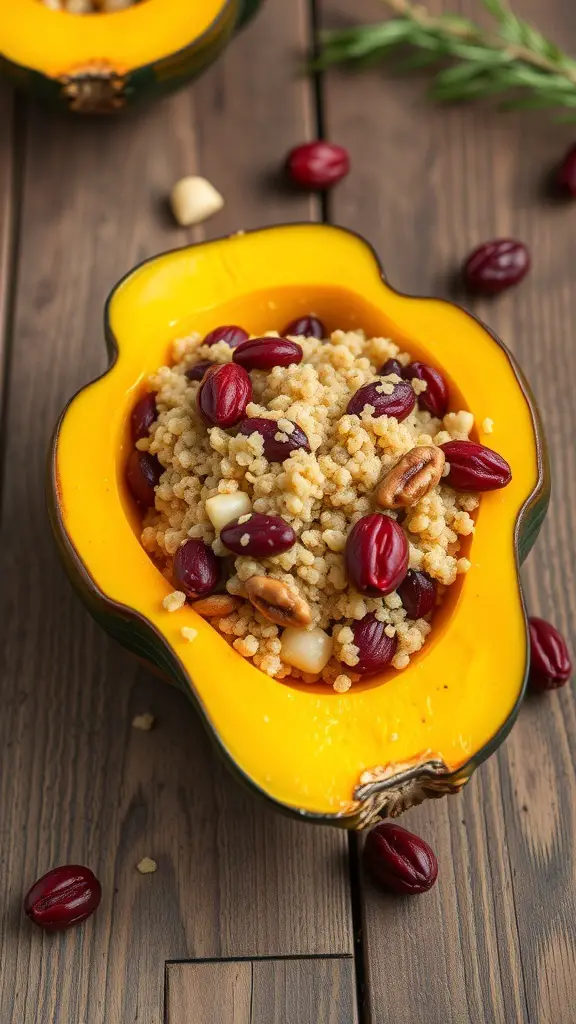 Stuffed acorn squash filled with quinoa and beans on a wooden table.