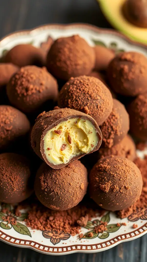 A plate of chocolate avocado truffles dusted with cocoa powder, with one truffle cut in half showing a creamy filling.