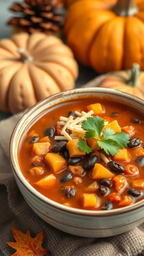 A bowl of pumpkin chili with black beans, topped with cilantro and cheese, surrounded by decorative pumpkins.