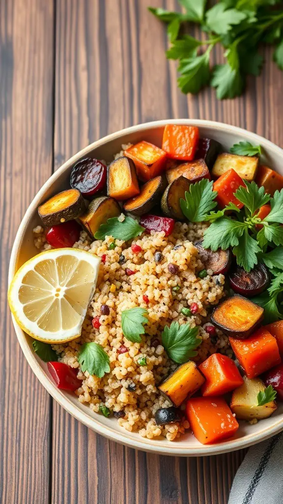 A bowl of roasted vegetable quinoa with colorful veggies and a lemon wedge