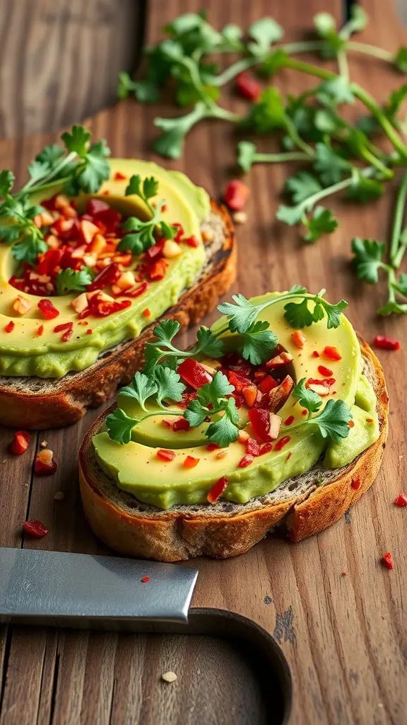 A close-up of creamy avocado toast topped with herbs and chili on a wooden board.