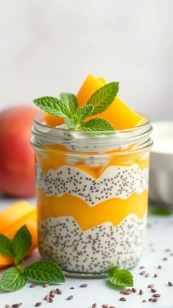 A jar of chia seed pudding layered with mango and garnished with mint leaves.