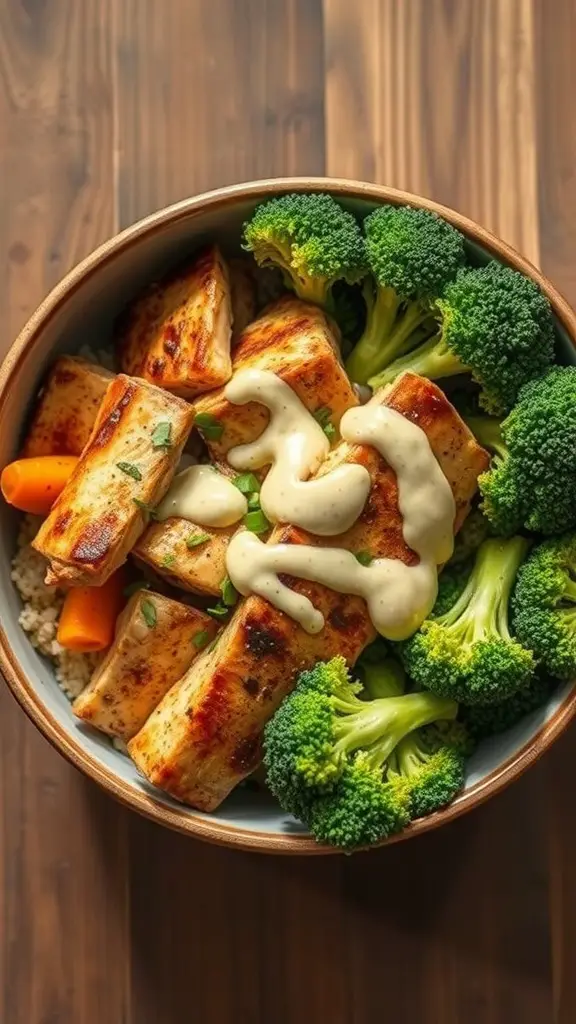 A bowl filled with chicken pieces, broccoli, and a creamy sauce.