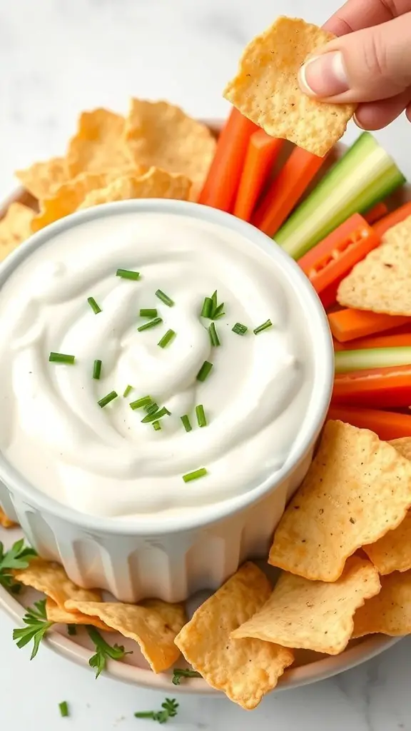 A bowl of ranch dressing fondue surrounded by chips and fresh vegetables.