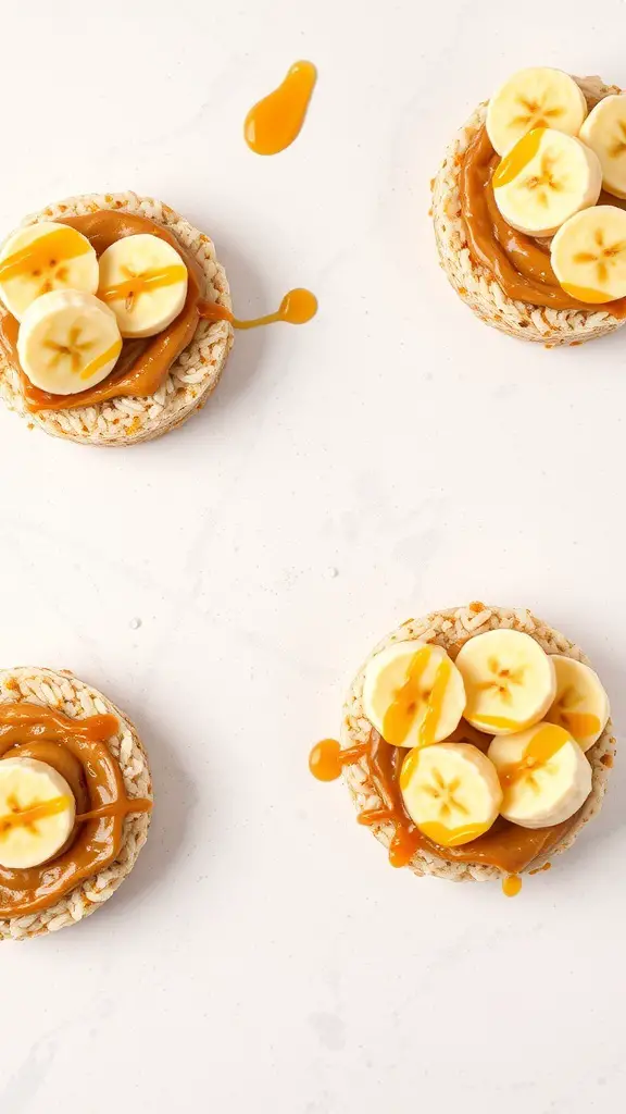 Rice cakes topped with peanut butter and banana slices