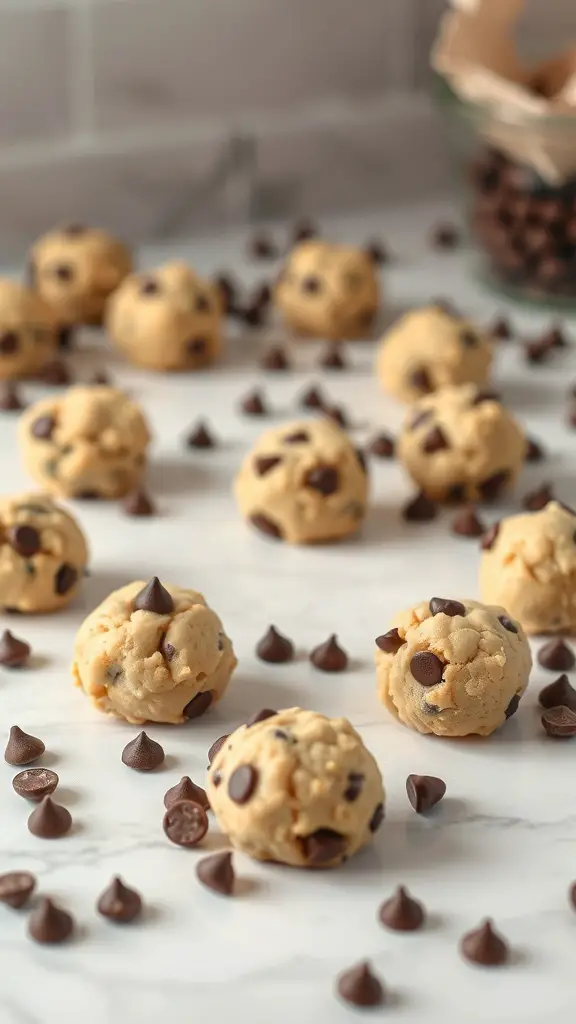 Chocolate chip cookie dough bites on a marble surface with chocolate chips scattered around.