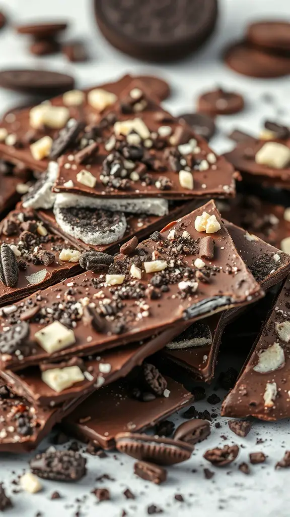 A pile of Oreo chocolate bark topped with crushed Oreos and white chocolate chunks.