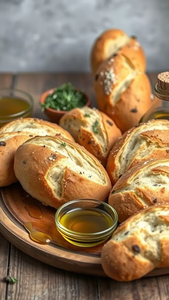 A selection of artisan breads on a wooden platter with olive oil and herbs