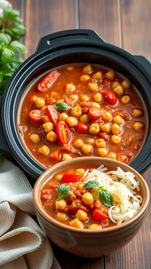 A bowl of Mediterranean Chickpea Stew with chickpeas, tomatoes, and herbs.