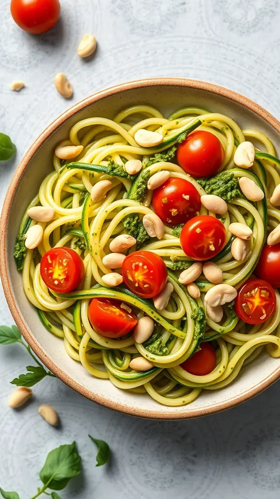 A bowl of zucchini noodles with pesto, topped with cherry tomatoes and peanuts.