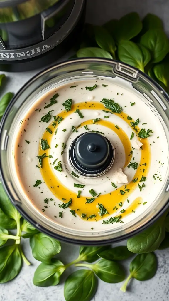 Creamy spinach and feta dip in a blender with olive oil and herbs on top