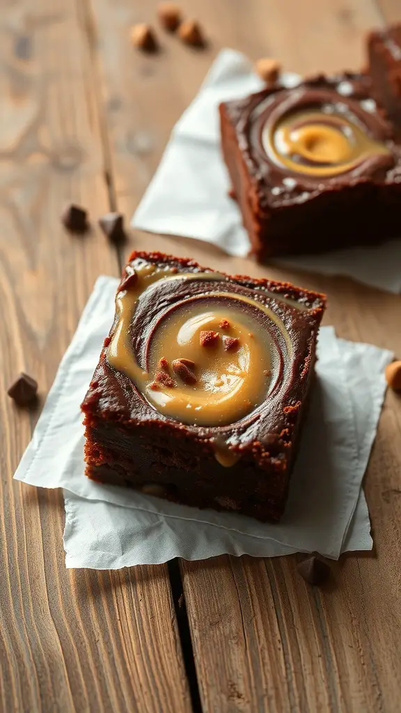 Delicious dulce de leche brownies on a wooden table
