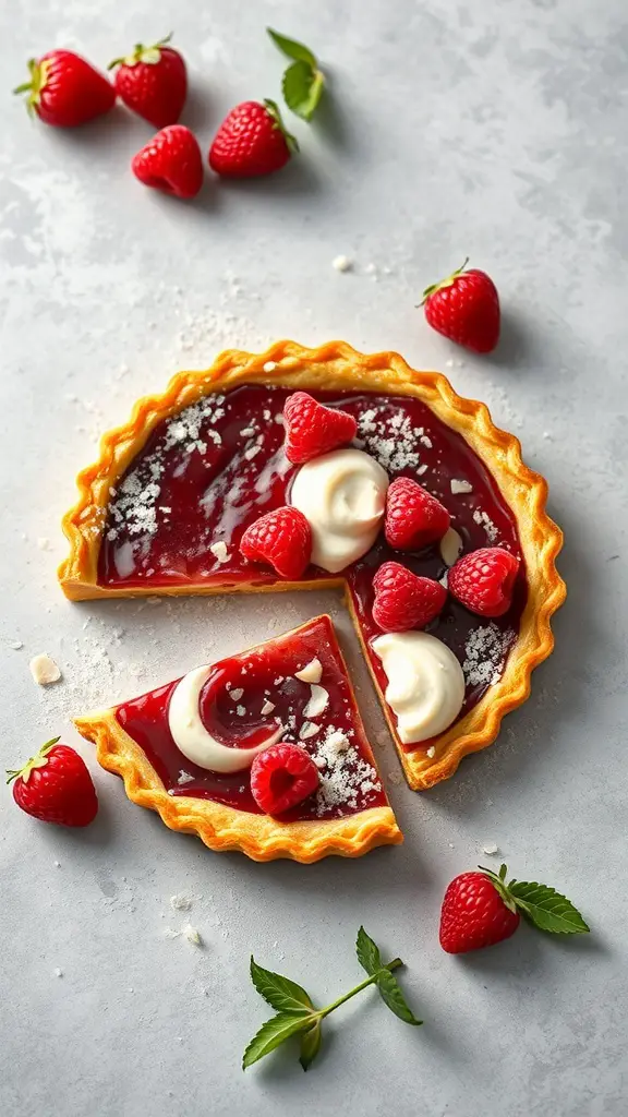 A raspberry almond puff pastry tart with a slice removed, garnished with fresh raspberries and cream.
