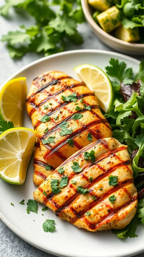 Grilled chicken garnished with cilantro and lime slices on a plate