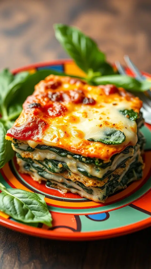 A colorful plate of vegetable lasagna with spinach, garnished with fresh basil leaves.