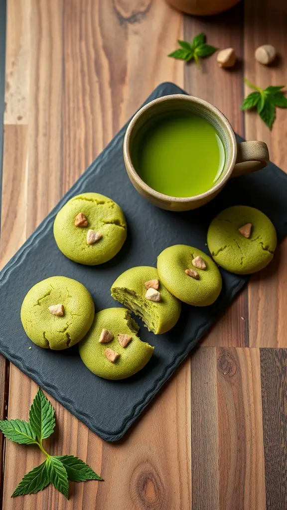 Matcha green tea cookies on a slate plate with a cup of matcha tea