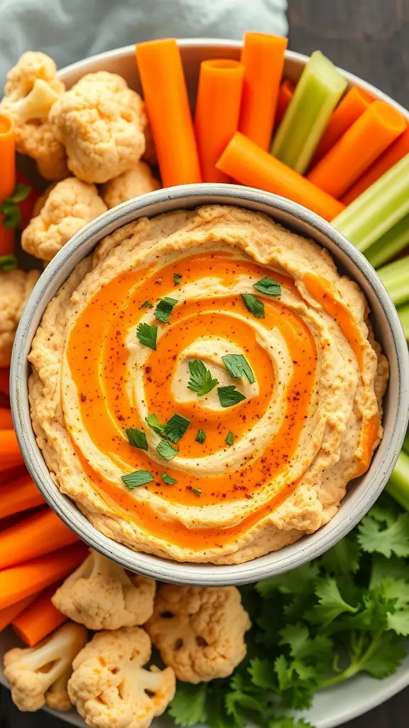 A bowl of Buffalo Cauliflower Dip surrounded by fresh carrot sticks, celery, and cauliflower florets.