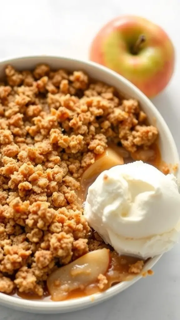 A bowl of apple crisp casserole topped with ice cream and a fresh apple beside it.