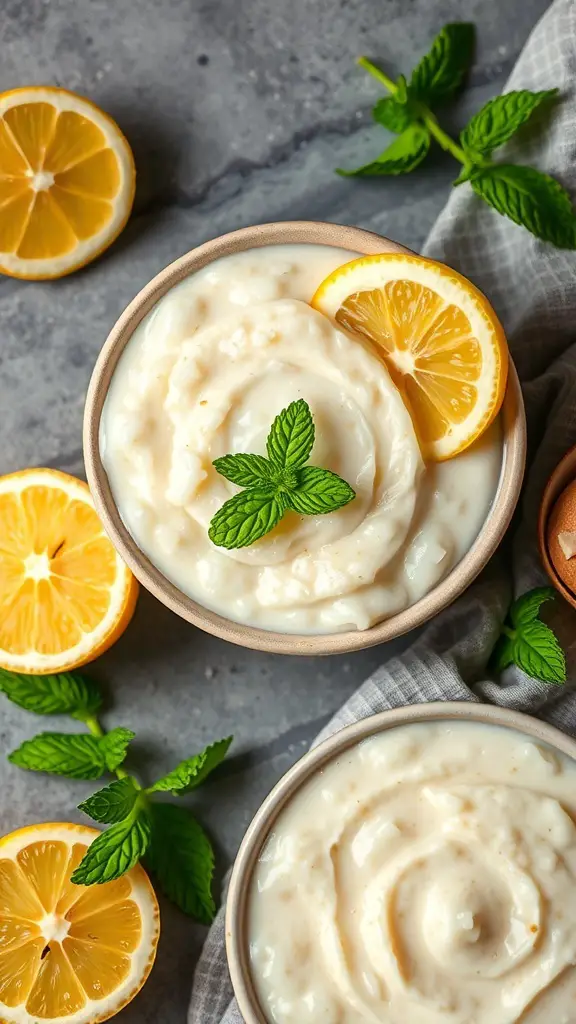 Two bowls of lemon rice pudding topped with mint leaves and lemon slices, with fresh lemons and mint around.