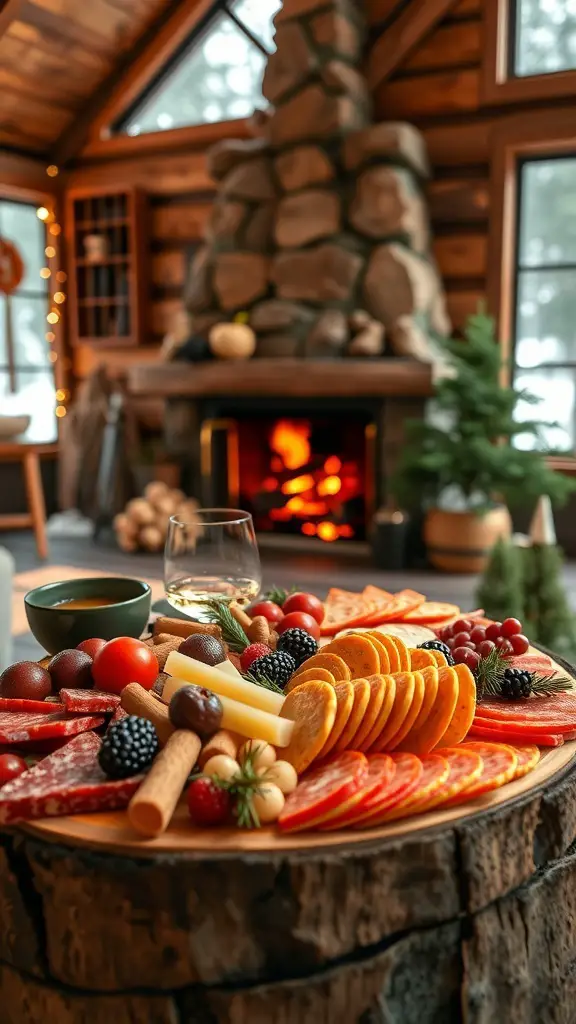 A cozy cabin charcuterie board featuring meats, cheeses, fruits, and a glass of wine by a fireplace.