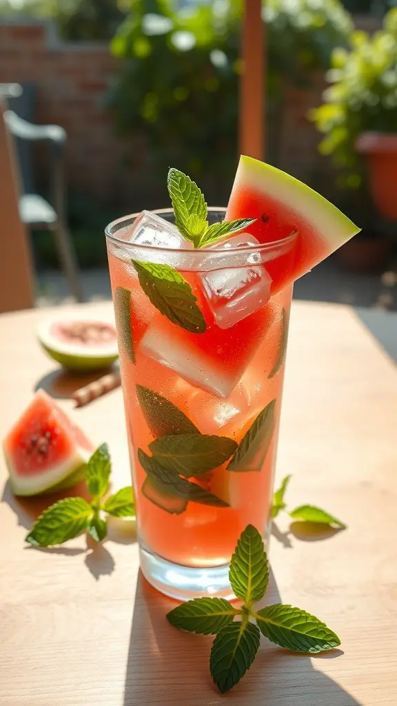 A refreshing watermelon mint drink in a glass with ice and mint leaves
