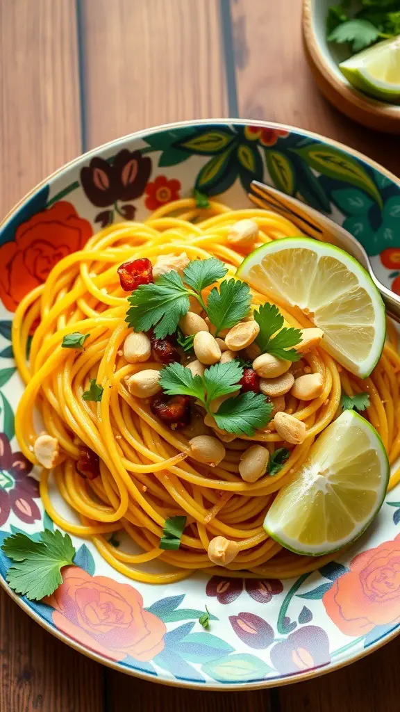 A colorful plate of spaghetti squash pad thai with peanuts, cilantro, and lime.