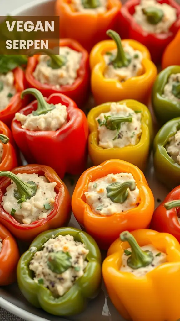 A platter of colorful stuffed mini peppers filled with a creamy vegan mixture.