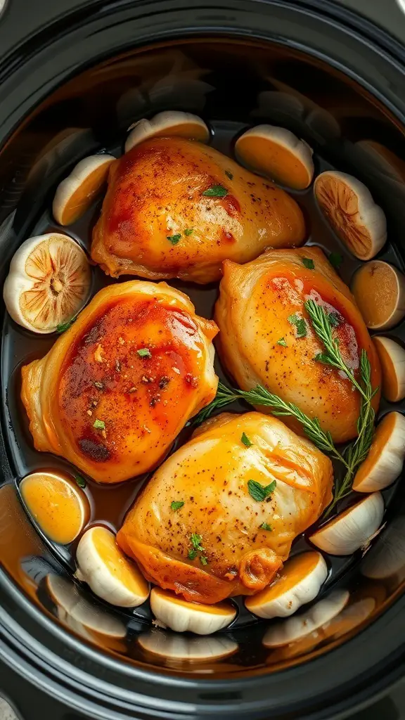 A close-up of honey garlic chicken thighs in a crockpot, surrounded by garlic cloves and garnished with herbs.