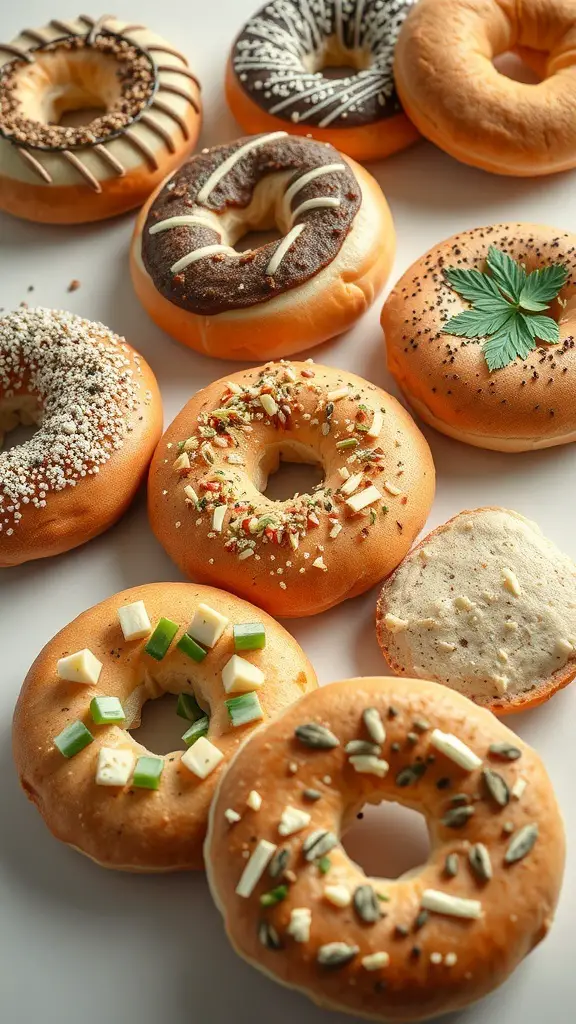 A variety of bagels with different toppings, showcasing vegan and gluten-free options.