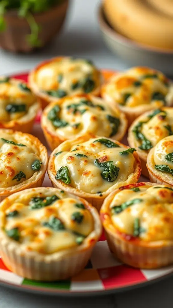 A colorful plate filled with egg muffins made with spinach and cheese.