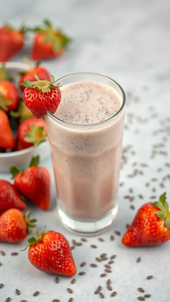 A glass of strawberry chia seed smoothie with fresh strawberries around it.