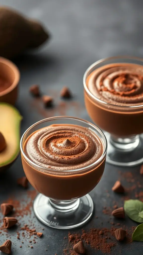 Two servings of vegan chocolate avocado mousse in glass cups, topped with cocoa powder, with avocado and chocolate chips in the background.