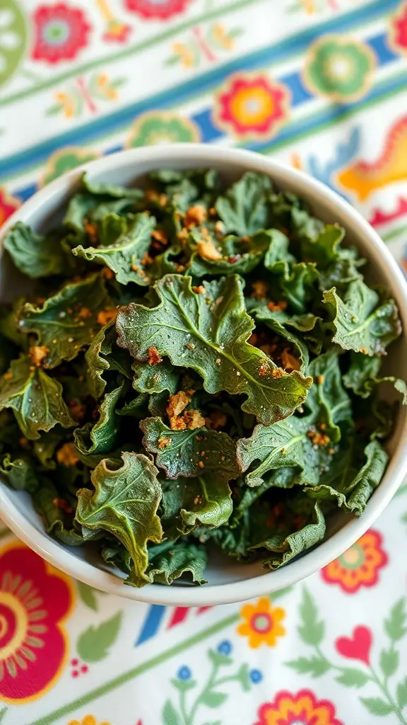 A bowl of crispy raw vegan kale chips on a colorful patterned tablecloth.