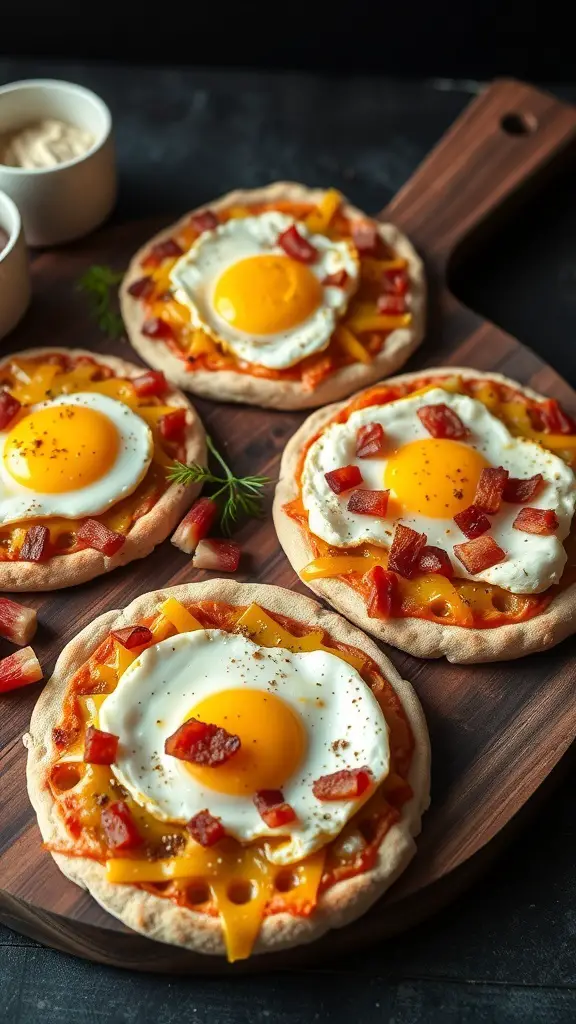 A wooden board with mini breakfast pizzas topped with eggs and bacon.