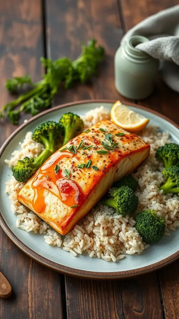 A plate of honey garlic salmon served with rice and broccoli