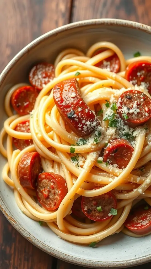 A bowl of fettuccine Alfredo with slices of Italian sausage and garnished with parsley.