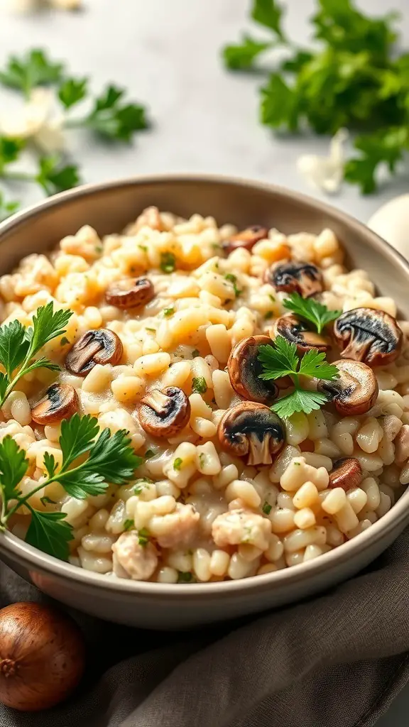 A bowl of creamy mushroom risotto garnished with parsley.