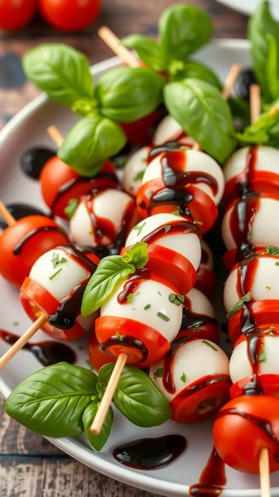 A plate of Caprese salad skewers with cherry tomatoes, mozzarella balls, and basil drizzled with balsamic glaze.