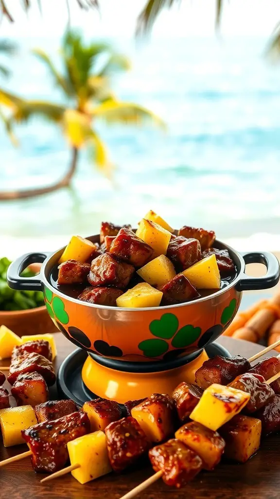 Teriyaki beef fondue with pineapple skewers ready for dipping