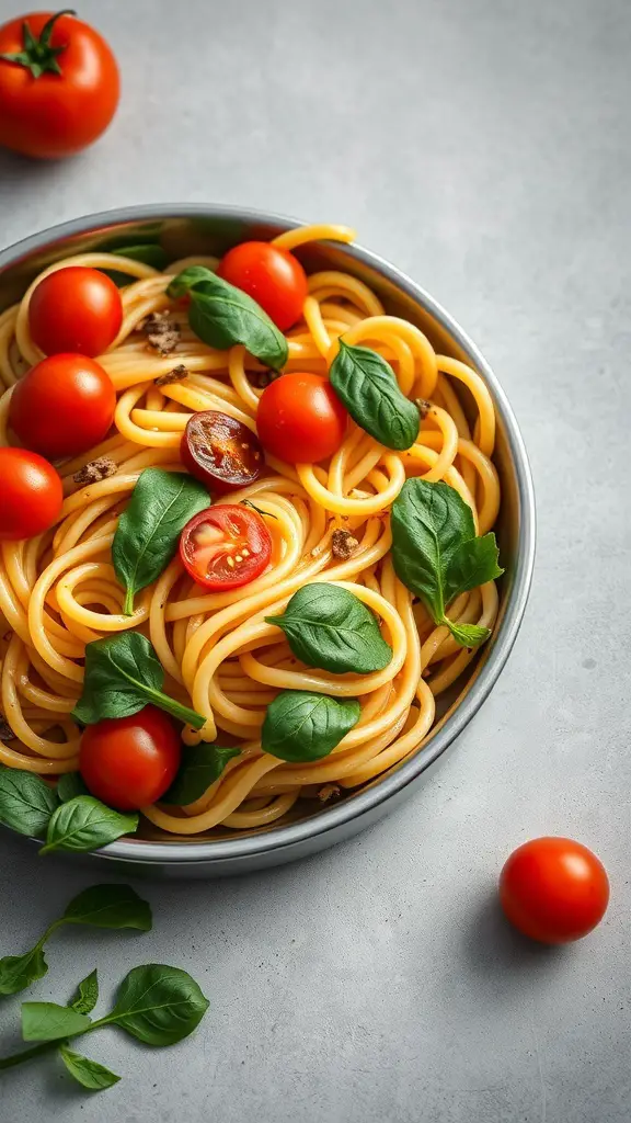 A bowl of spaghetti with cherry tomatoes and spinach.