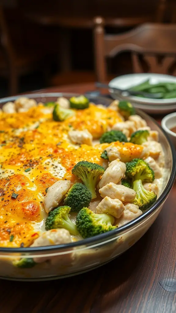 A delicious creamy chicken and broccoli casserole topped with melted cheese, served in a glass baking dish.
