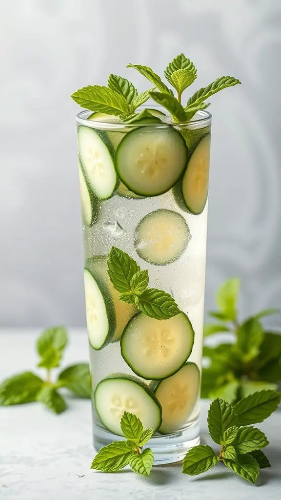 A refreshing glass of cucumber mint hydration juice with cucumber slices and mint leaves.