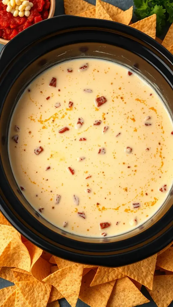 A crockpot filled with creamy queso dip with chorizo, surrounded by tortilla chips.