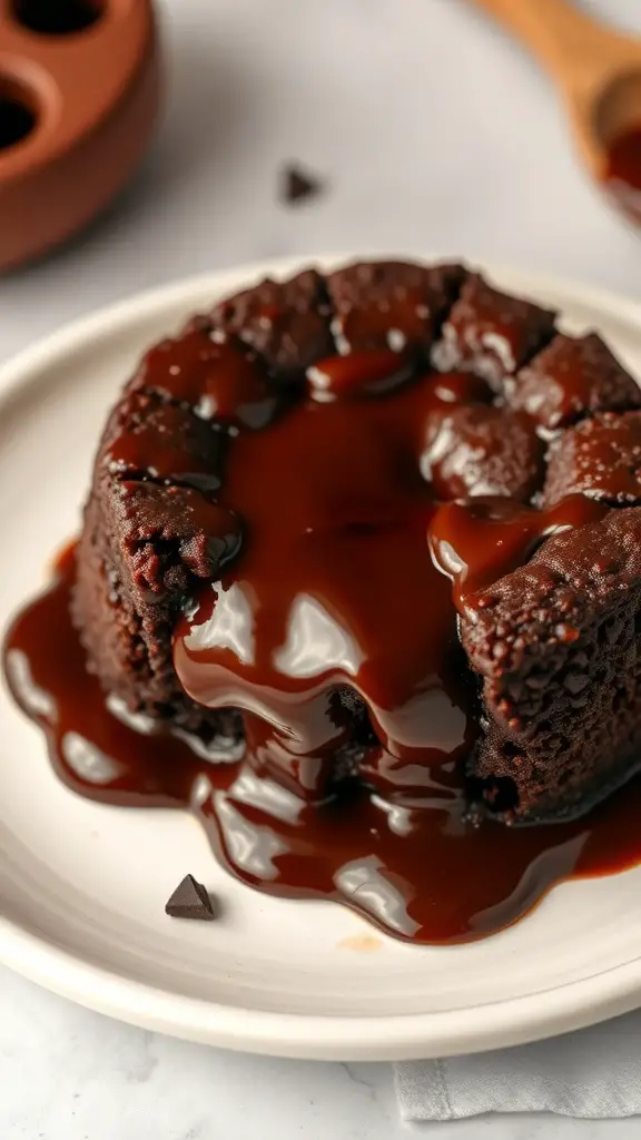 A chocolate lava cake with molten chocolate sauce oozing from the center, served on a plate.